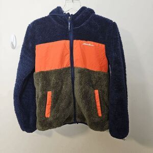 Eddie Bauer Kids Quest Plush Fleece Hooded Jacket (Navy/Olive Colorblock, Large